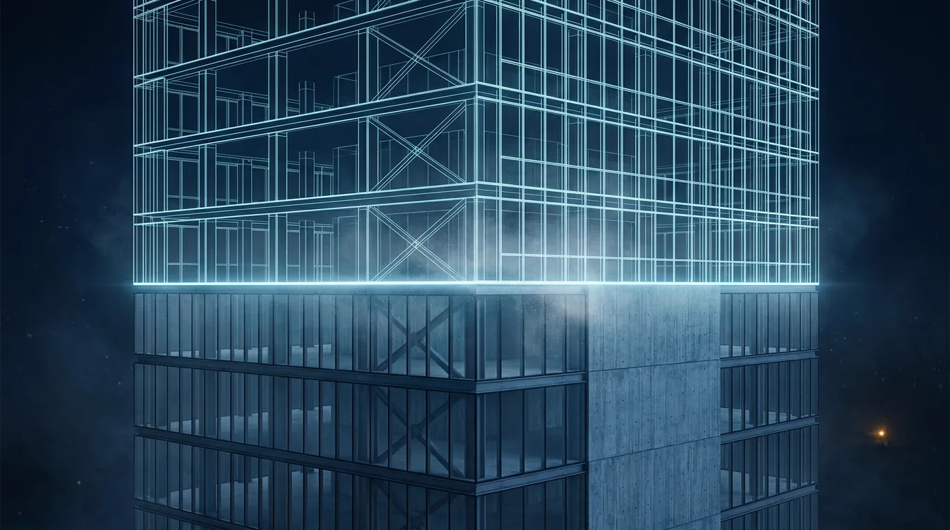 A high-rise half drawn in glowing construction lines and half built in glass and concrete, with a bright seam where the two meet.