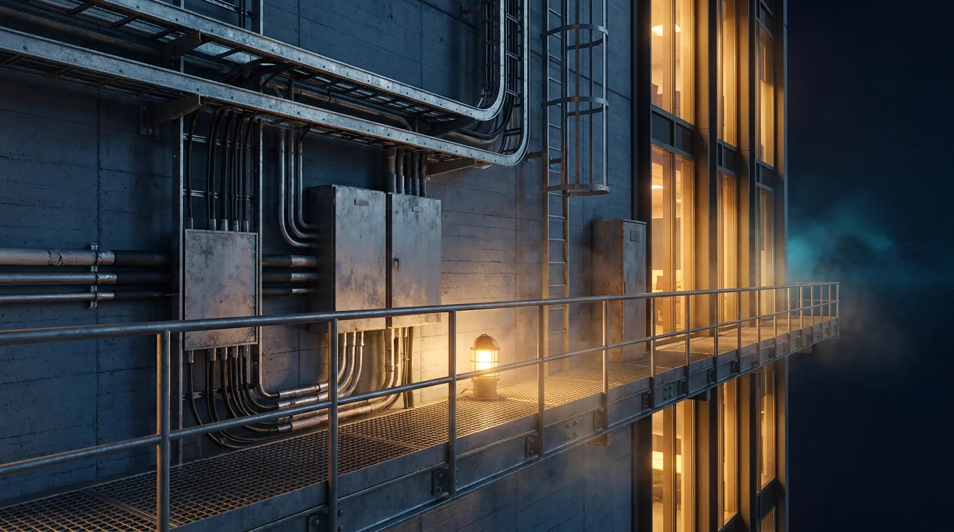 A maintenance catwalk on the side of a high-rise at night, lined with conduit and junction boxes, lit by one work lamp and the warm windows behind it.